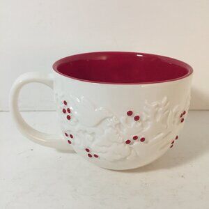 Starbucks Christmas Coffee Mug 12oz Raised White Doves Red Holly Berries 2008 